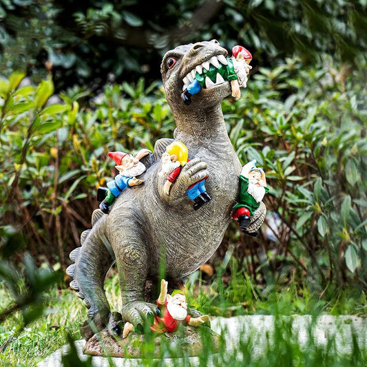 Statue of Dinosaur Eating Gnomes | The Perfect Unique Gift for Dinosaur Lovers